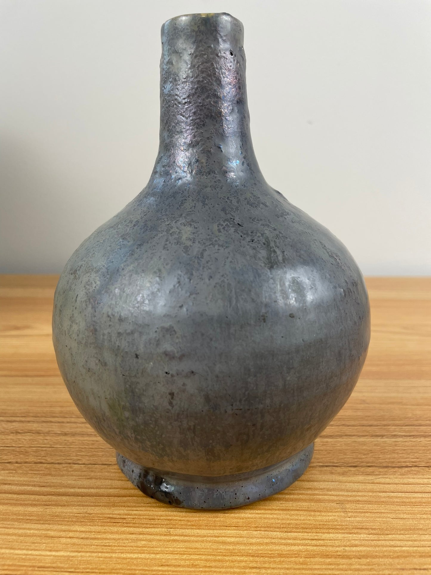 Pewabic Pottery Green Blue Glaze With Iridescent Gold Purple Drip Bottle Vase