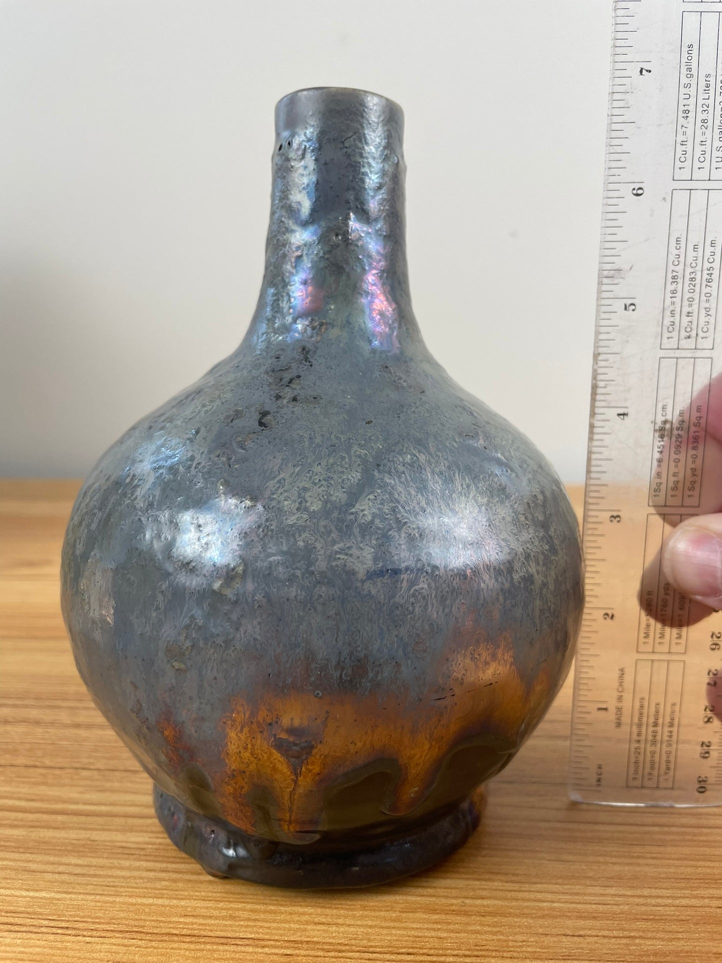 Pewabic Pottery Green Blue Glaze With Iridescent Gold Purple Drip Bottle Vase