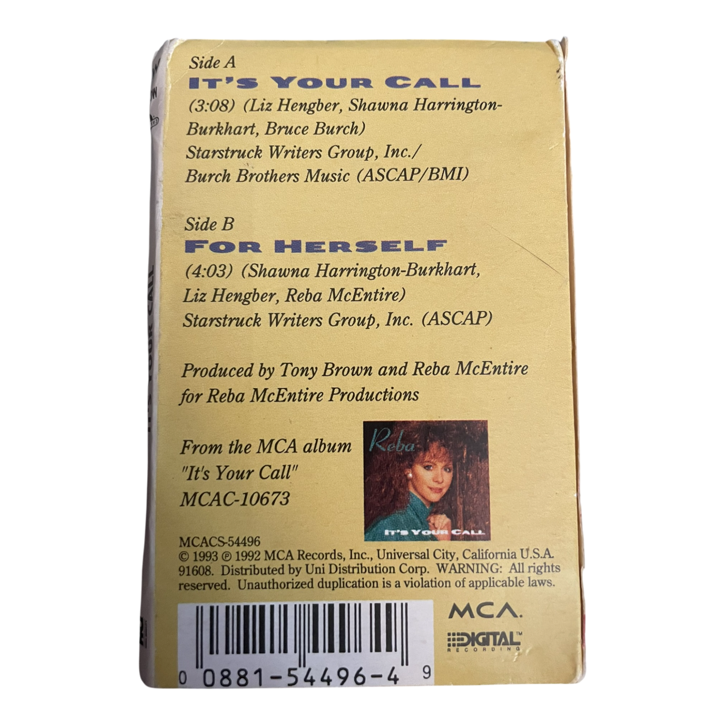 1992 Reba McEntire It's Your Call Cassette Single 2 Songs