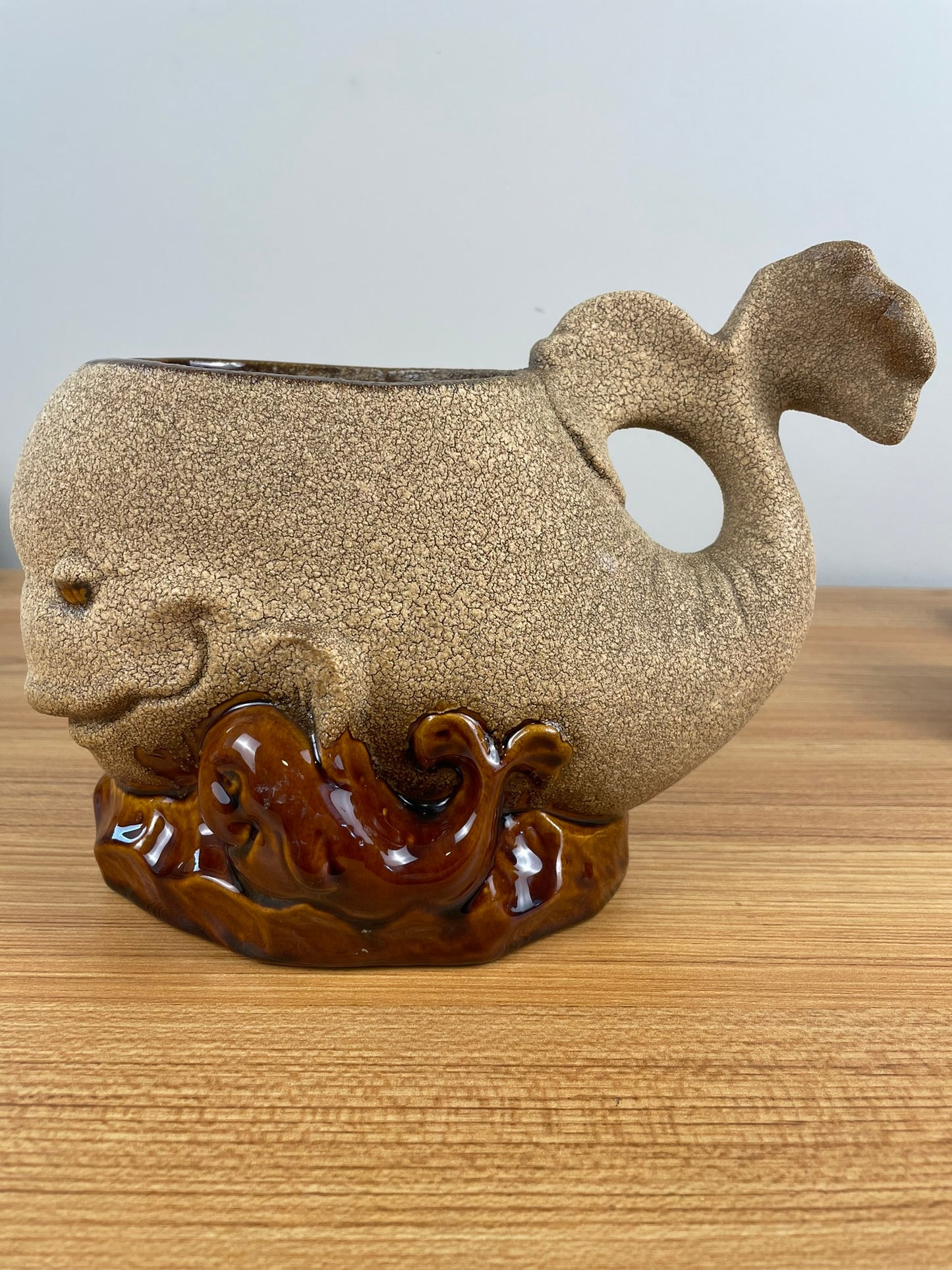 Royal Haeger Whale & Baby Planter Mid-Century Bennington Sand & Brown Glaze USA