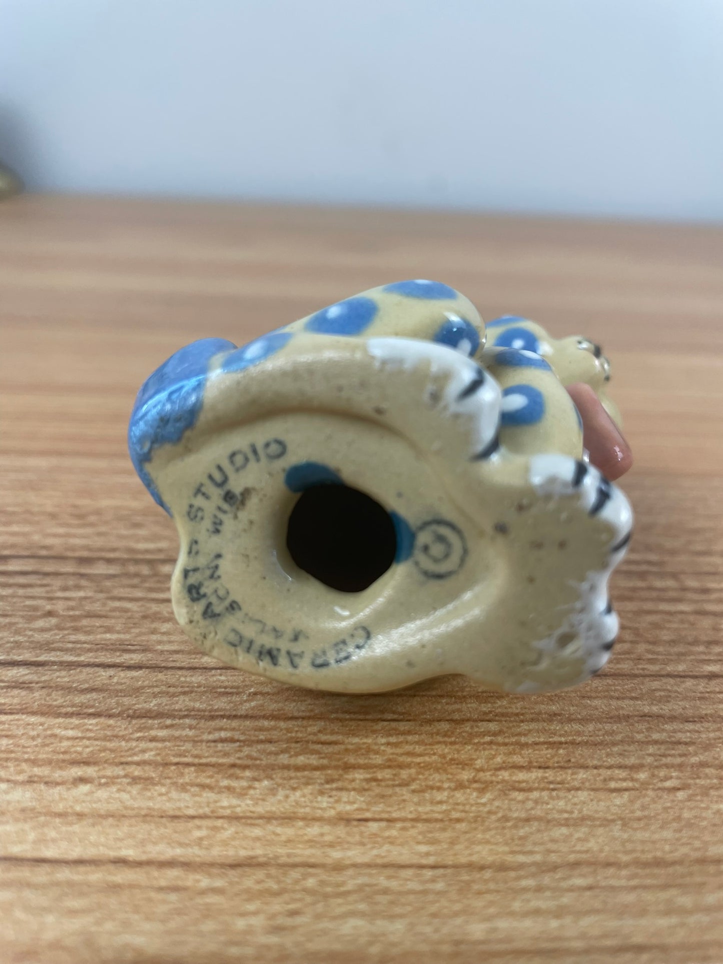 Vintage CERAMIC ARTS STUDIO Yellow Cat Figurine Blue Polka Dots 2.75"" Tall USA