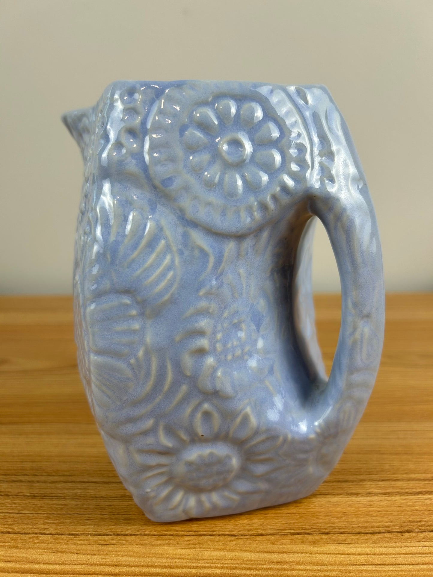 Niloak Pottery Arkansas Blue Daisy Flower Embossed Square Bottom Pitcher 1940's