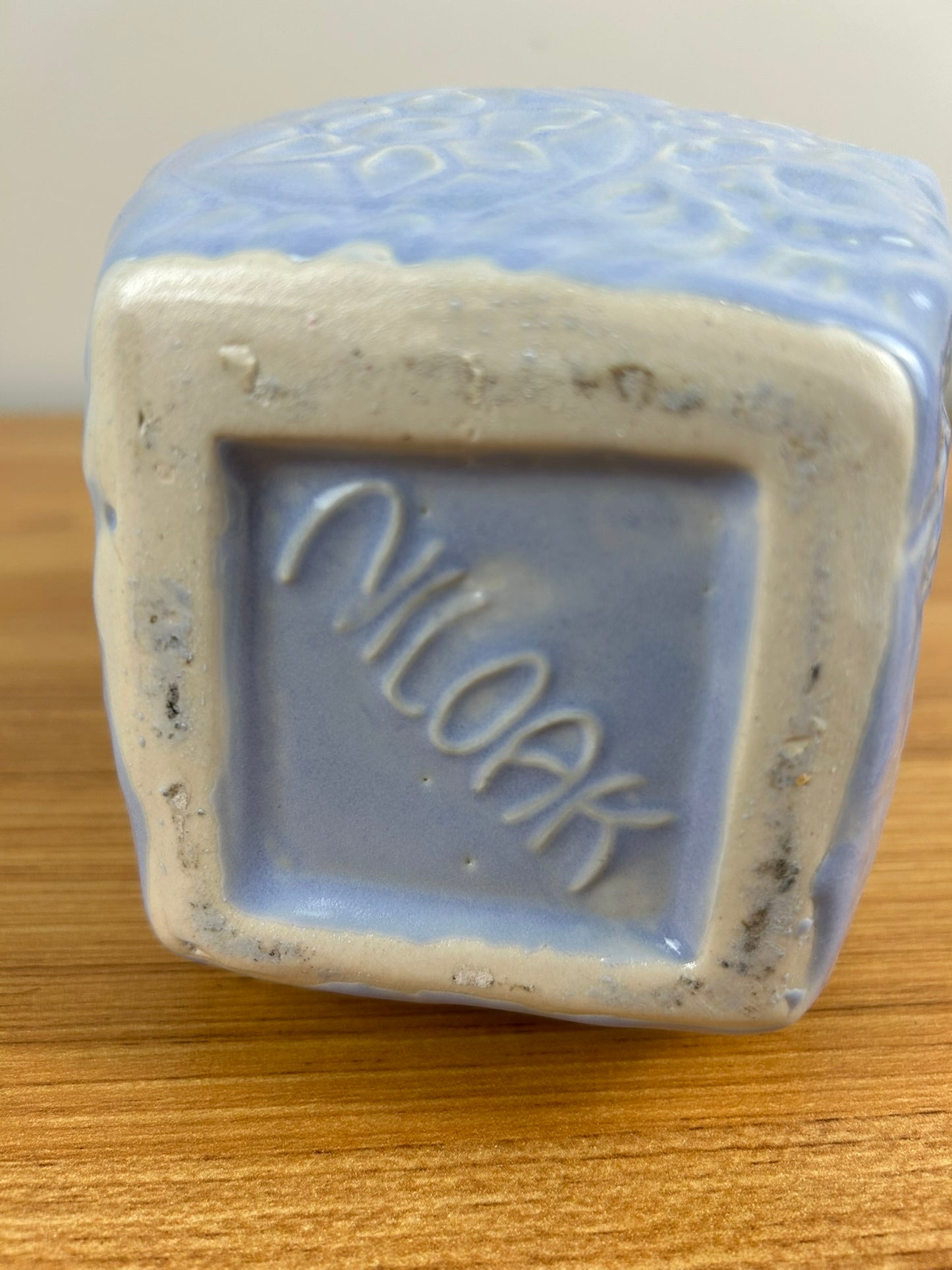 Niloak Pottery Arkansas Blue Daisy Flower Embossed Square Bottom Pitcher 1940's