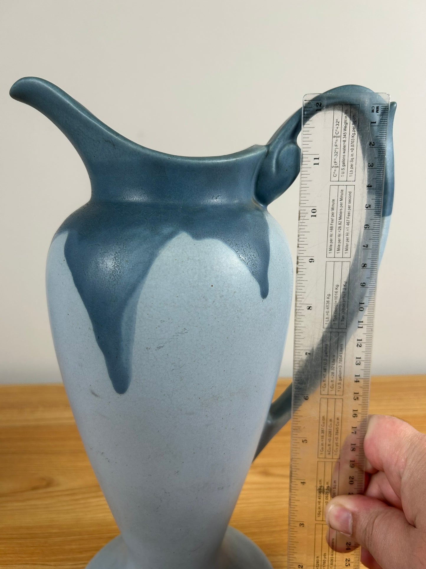 Antique Roseville Carnelian I Pitcher Ewer 1313 Blue Drip Glaze 13”