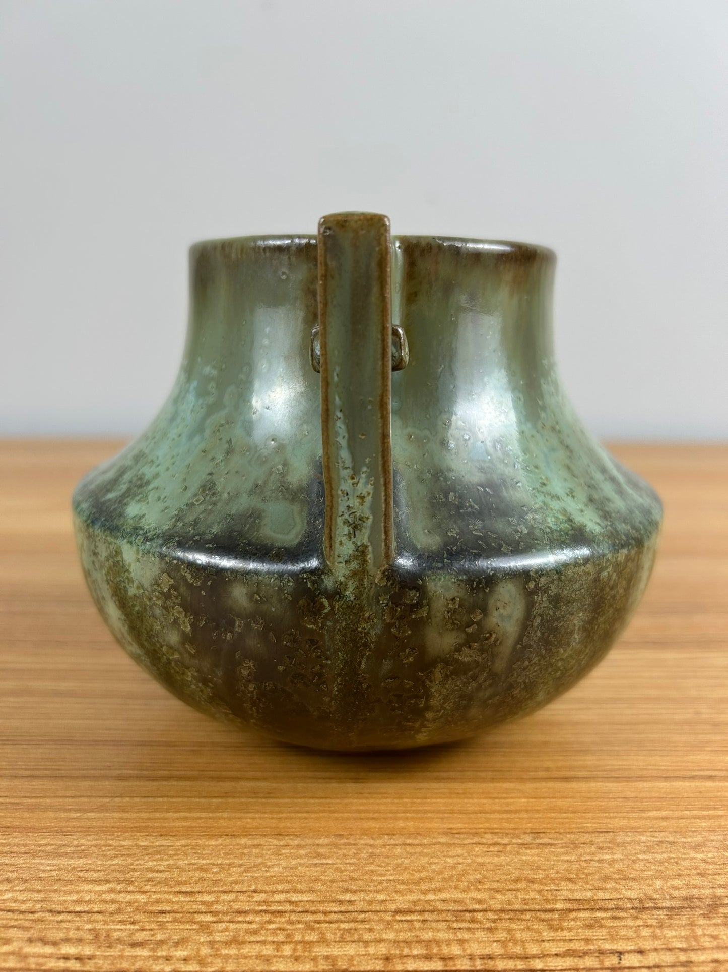 Fulper Art Pottery Two-Handled Green Leopardskin Vase c1910s