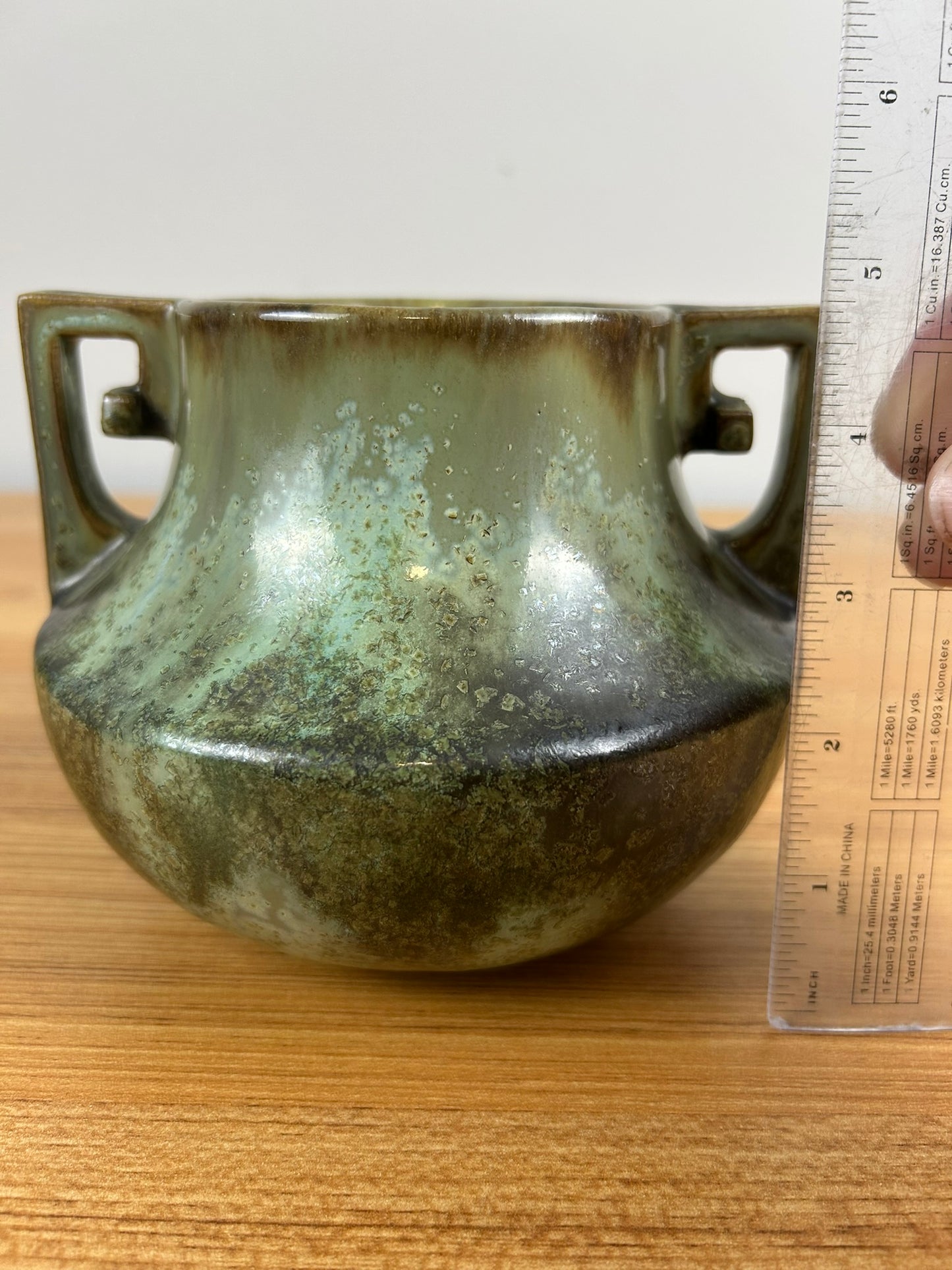 Fulper Art Pottery Two-Handled Green Leopardskin Vase c1910s