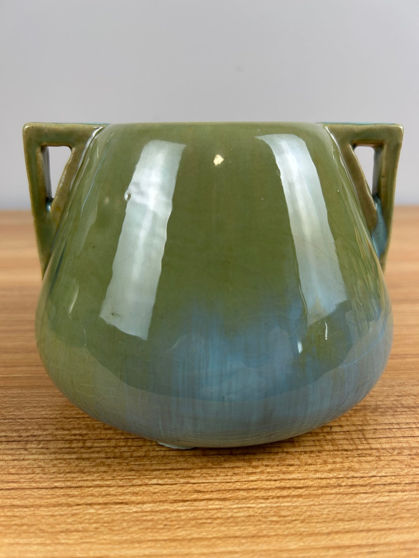 Fulper Art Pottery Vintage Double Handled Vase with a Green Flambé Glaze