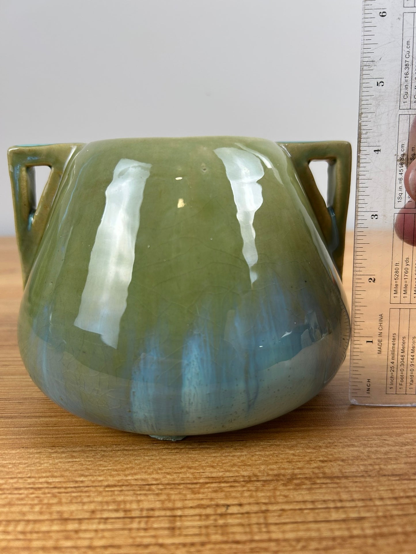 Fulper Art Pottery Vintage Double Handled Vase with a Green Flambé Glaze