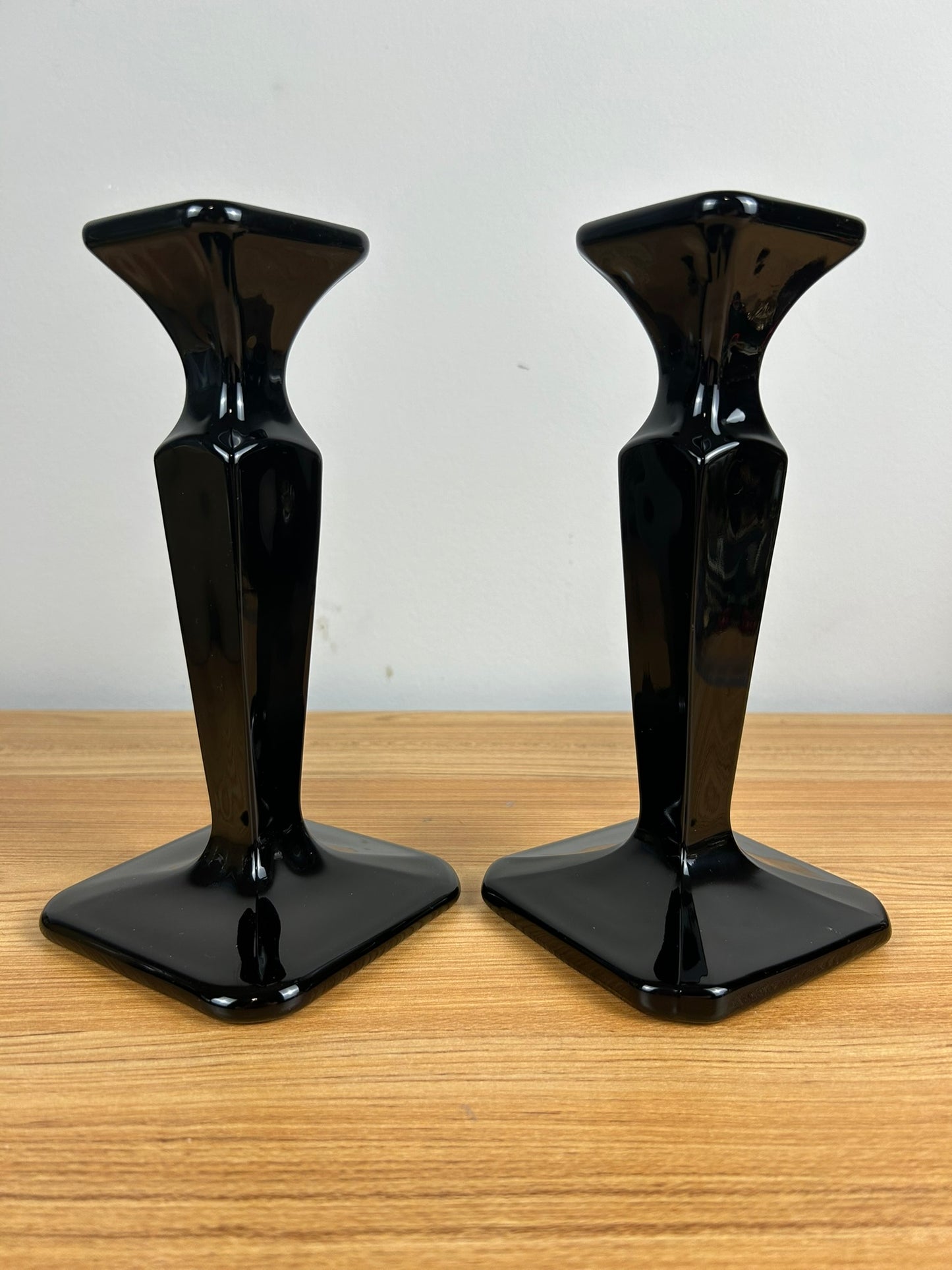 Cambridge Black Glass 8" Tall Square Candle Holders Candlesticks Vintage