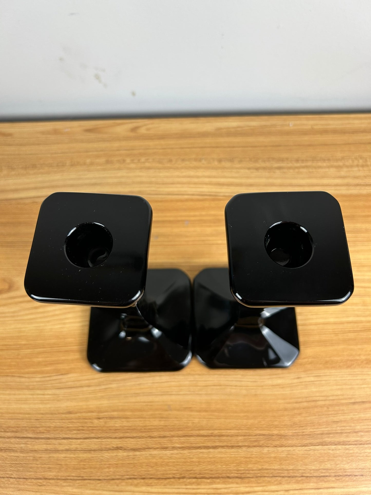 Cambridge Black Glass 8" Tall Square Candle Holders Candlesticks Vintage