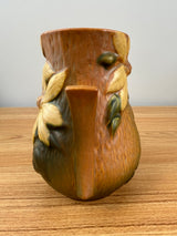 ROSEVILLE POTTERY CLEMATIS BROWN HANDLED VASE 1940’s USA #103-6 6.5” TALL