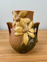 ROSEVILLE POTTERY CLEMATIS BROWN HANDLED VASE 1940’s USA #103-6 6.5” TALL