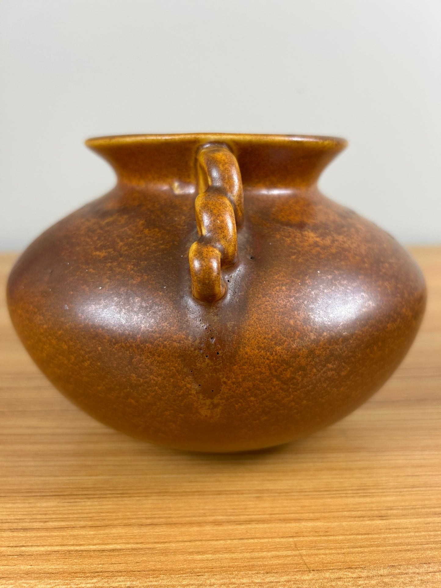 Monmouth Illinois Art Pottery Orange Rust Art Deco 3 Loop Handled Vase