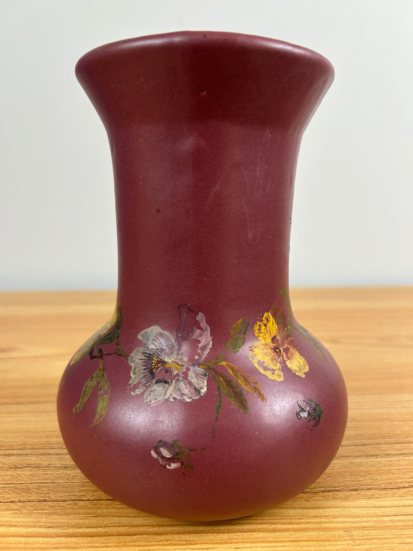 1920's Zanesville Stoneware Arts & Craft Pottery Matte Maroon 6.5 Inch Vase #105