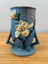 Roseville Art Pottery Blue Magnolia Flower Double Handle 6"H Vase 87-6