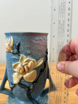 Roseville Art Pottery Blue Magnolia Flower Double Handle 6"H Vase 87-6