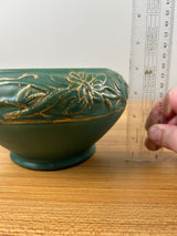 Weller Breton Bulb Bowl Raised Floral Wreath Design in Matte Green Gold Accents