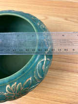 Weller Breton Bulb Bowl Raised Floral Wreath Design in Matte Green Gold Accents