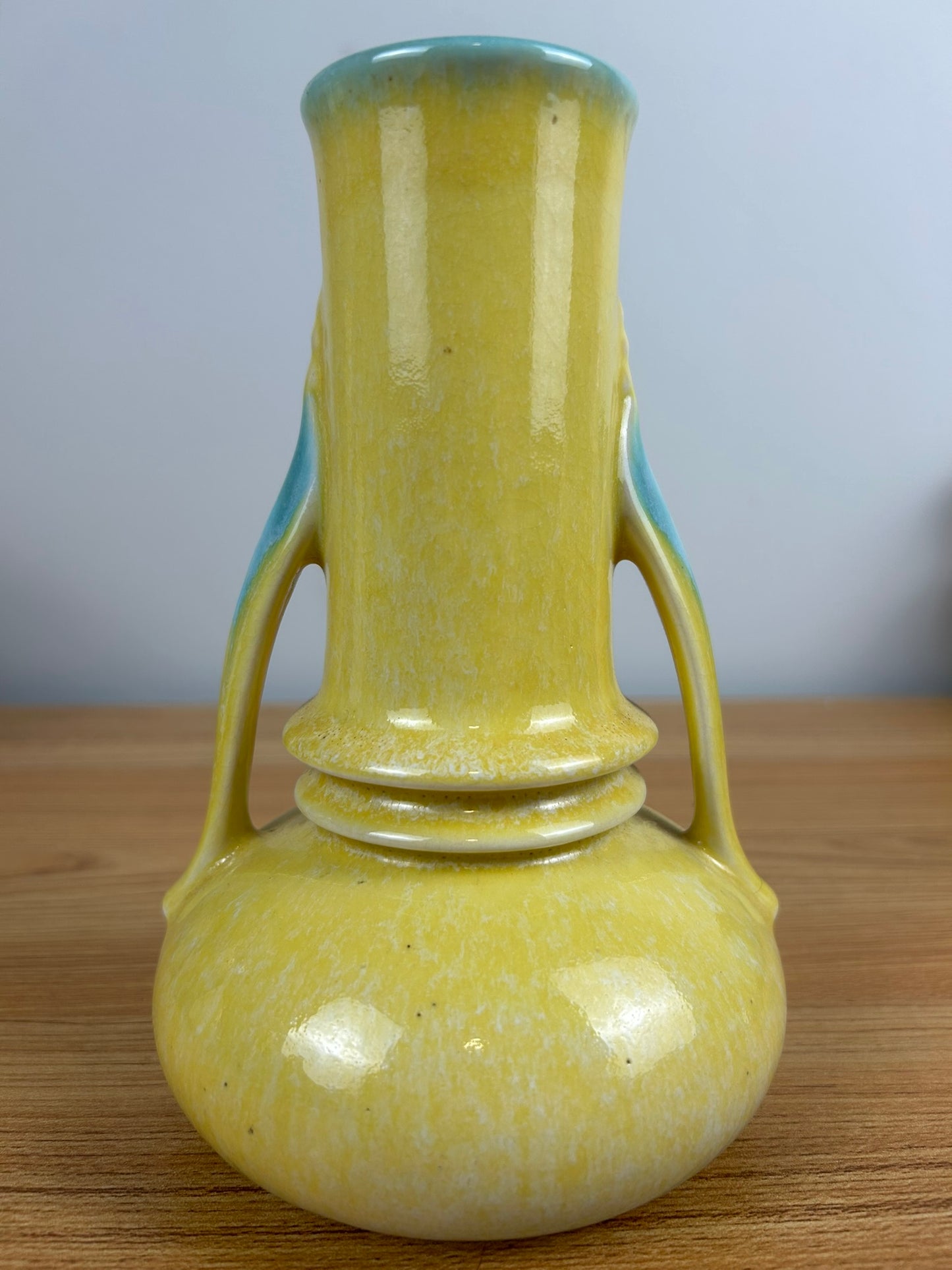 Vintage Roseville Orion Yellow Turquoise 1930s Art Deco Pottery Ceramic Vase