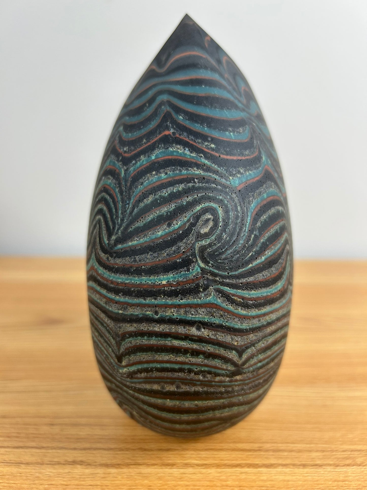 Bill Poceta Hand Blown Art Glass Vessel Vase Black, Blue, And Red Swirl Design