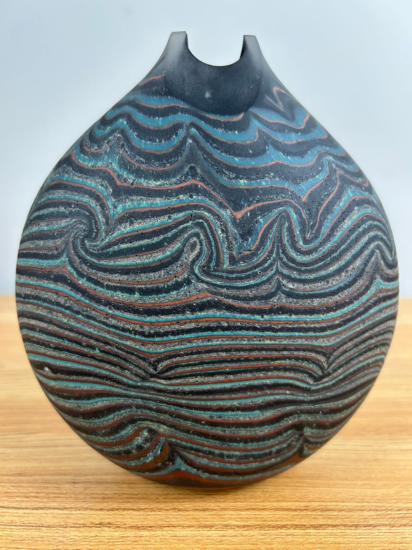 Bill Poceta Hand Blown Art Glass Vessel Vase Black, Blue, And Red Swirl Design