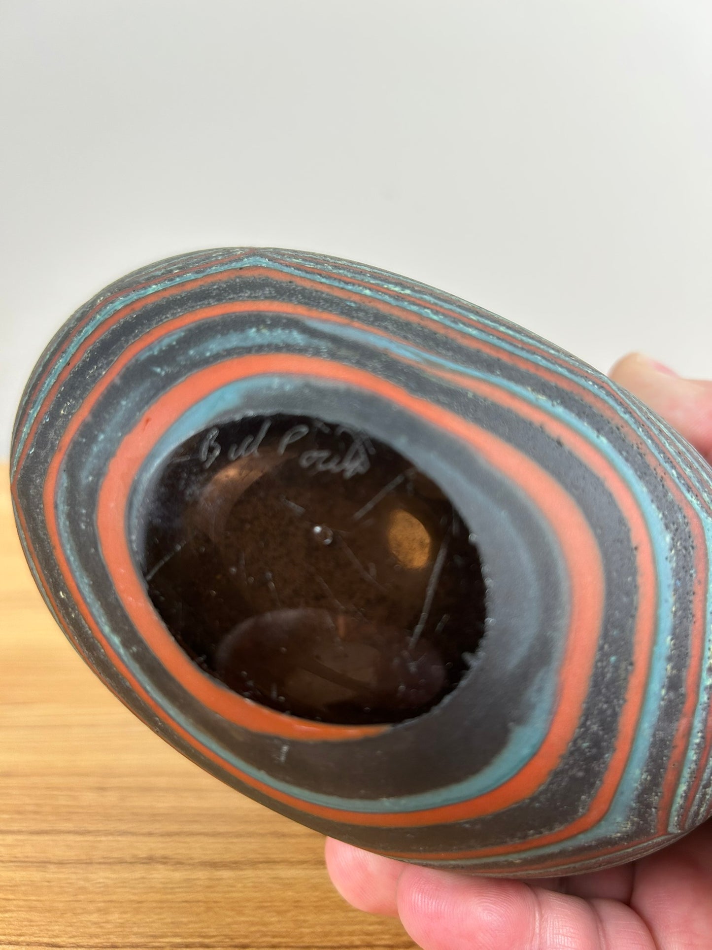 Bill Poceta Hand Blown Art Glass Vessel Vase Black, Blue, And Red Swirl Design