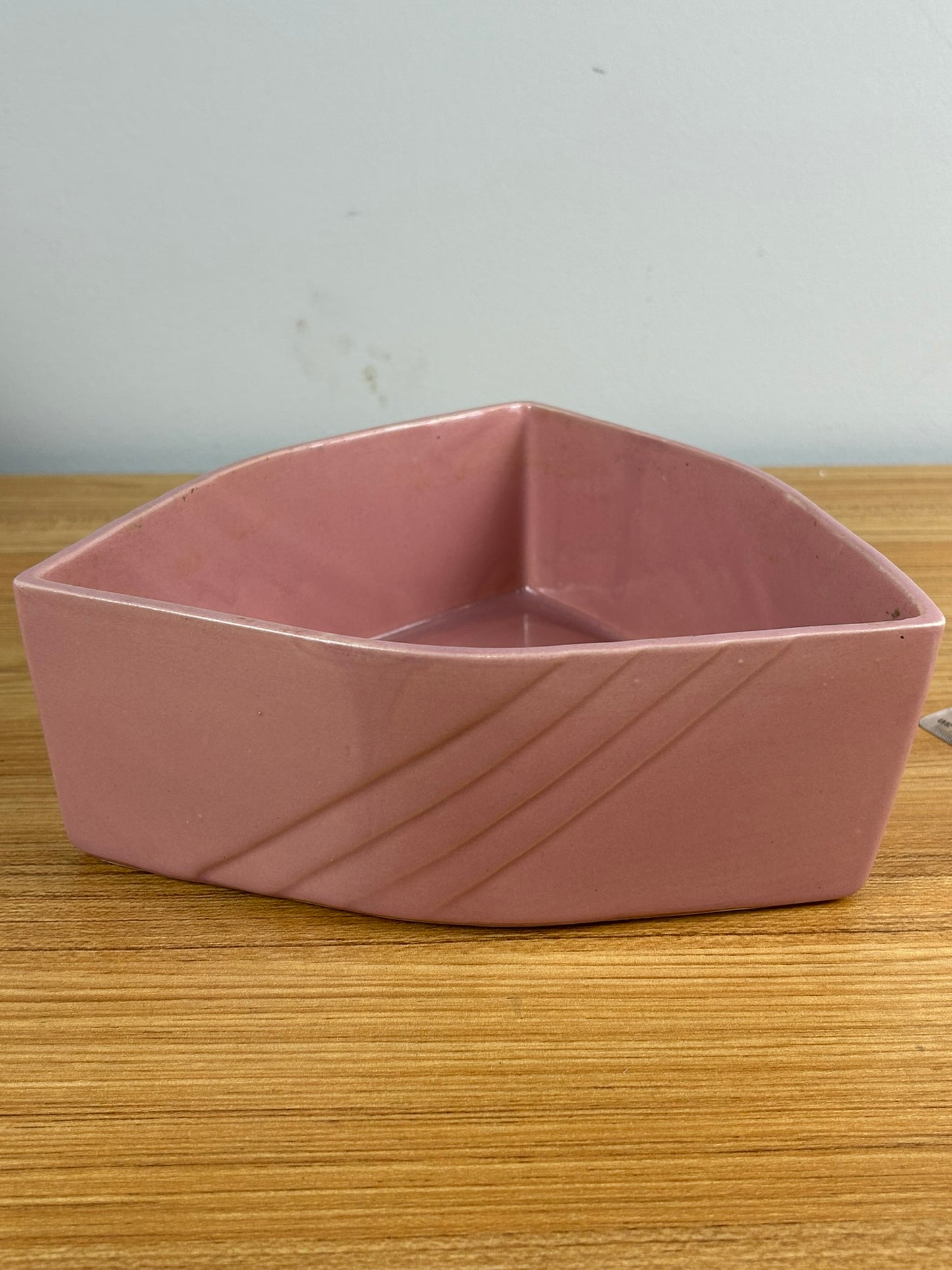 Cookson Pottery 25A USA Triangle Art Deco Bowl Planter Pink 9x3