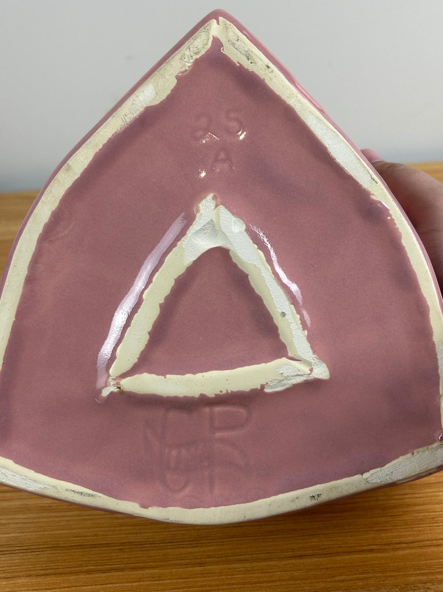 Cookson Pottery 25A USA Triangle Art Deco Bowl Planter Pink 9x3
