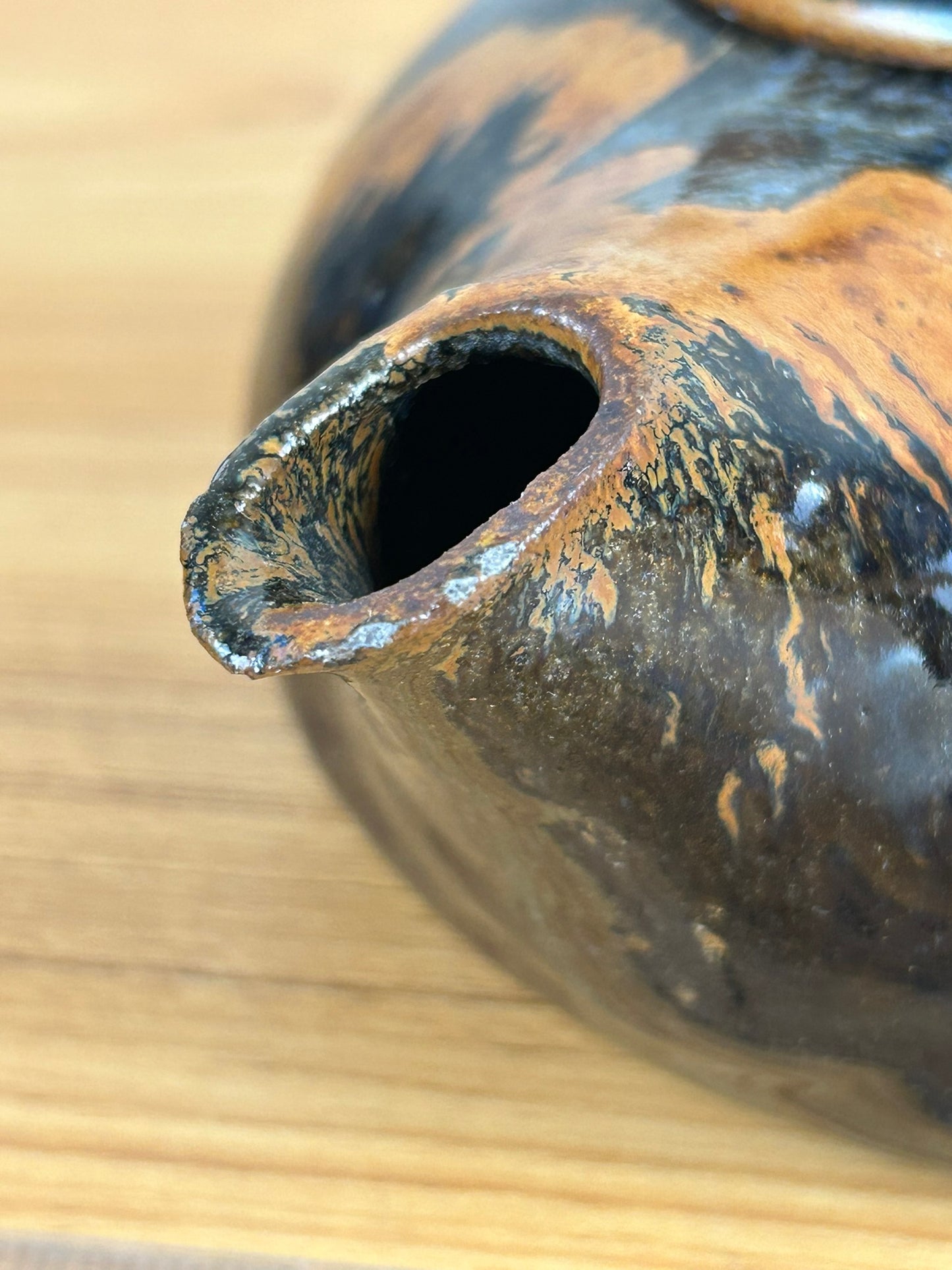 Derek Emms?? Art Pottery Orange Abstract Teapot With Lid Tenmoku Glaze