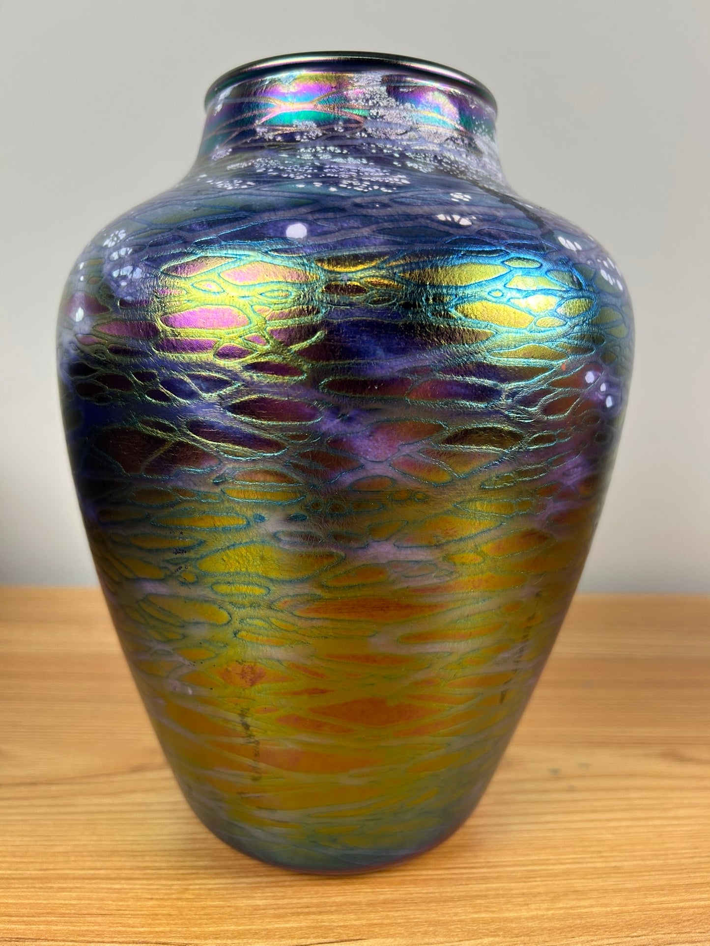 Tom Stoenner Vintage Iridescent Hand-Blown Studio Art Glass Vase; Ocean Waves