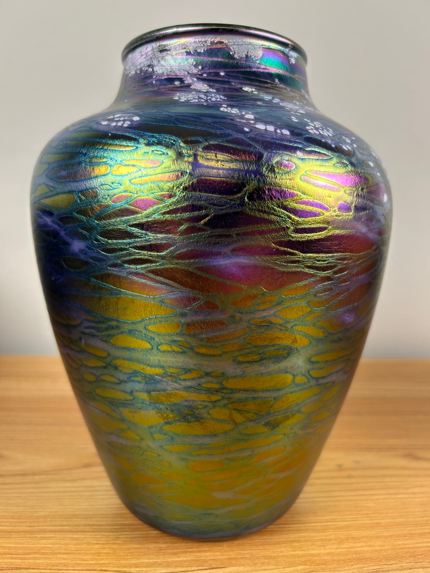 Tom Stoenner Vintage Iridescent Hand-Blown Studio Art Glass Vase; Ocean Waves