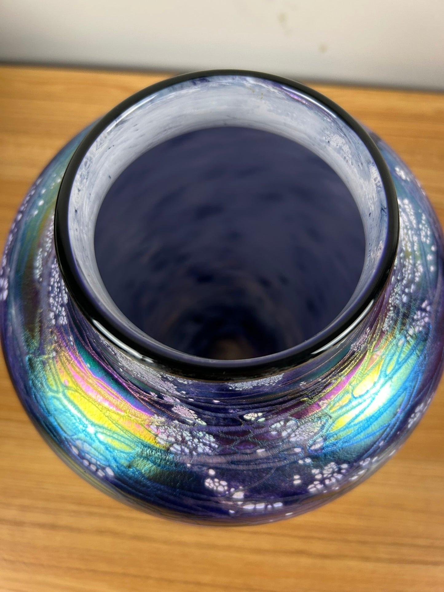 Tom Stoenner Vintage Iridescent Hand-Blown Studio Art Glass Vase; Ocean Waves