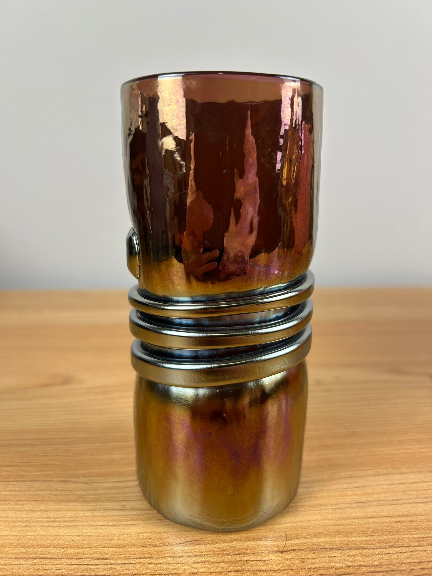 ROBERT EICKHOLT 1982 Art Glass Vase Applied Glass Band Stunning Pink