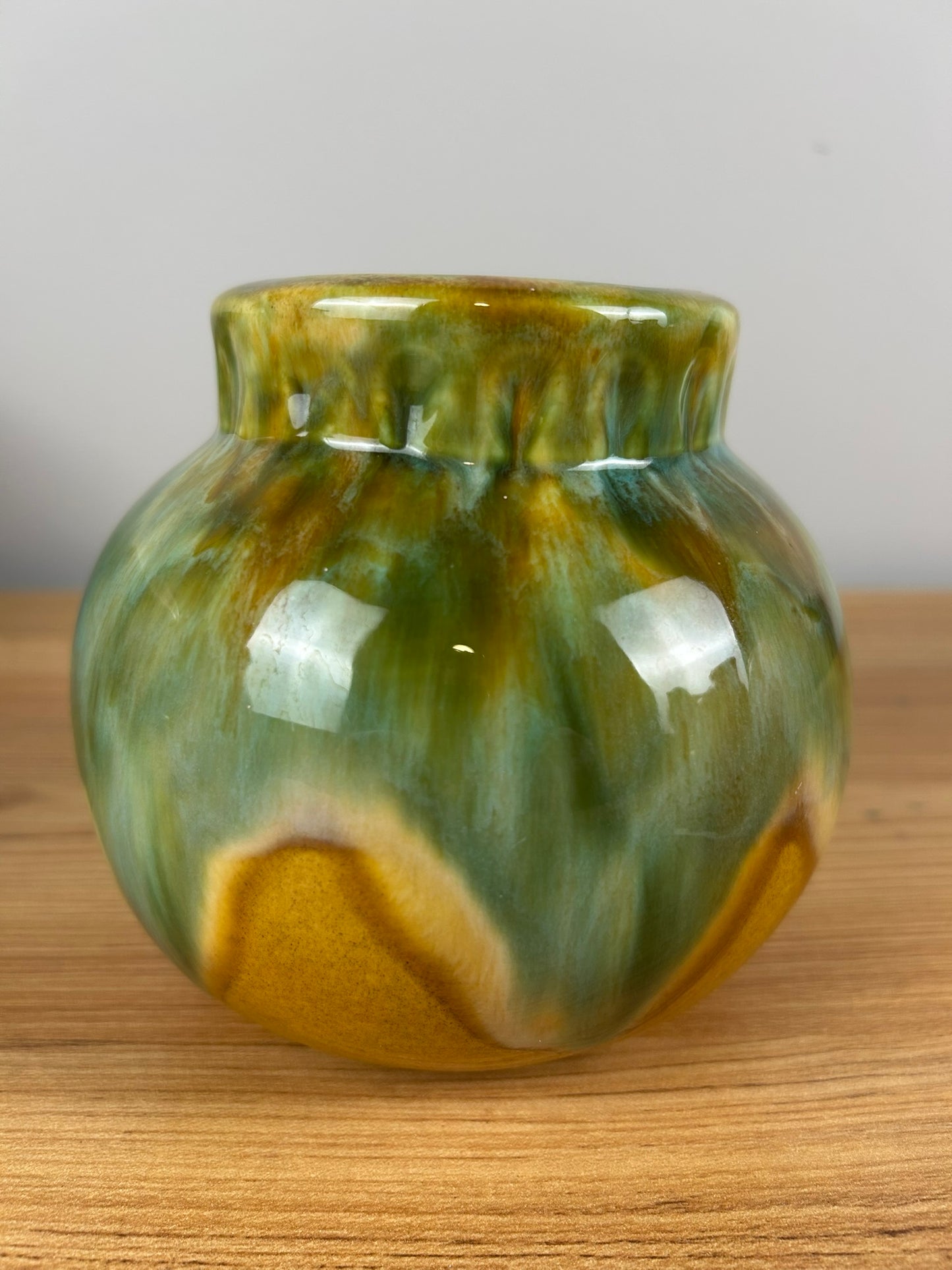 Forry Art Pottery Shape 202 Rich Green Drip Glaze Over Orange Bulbous Vase
