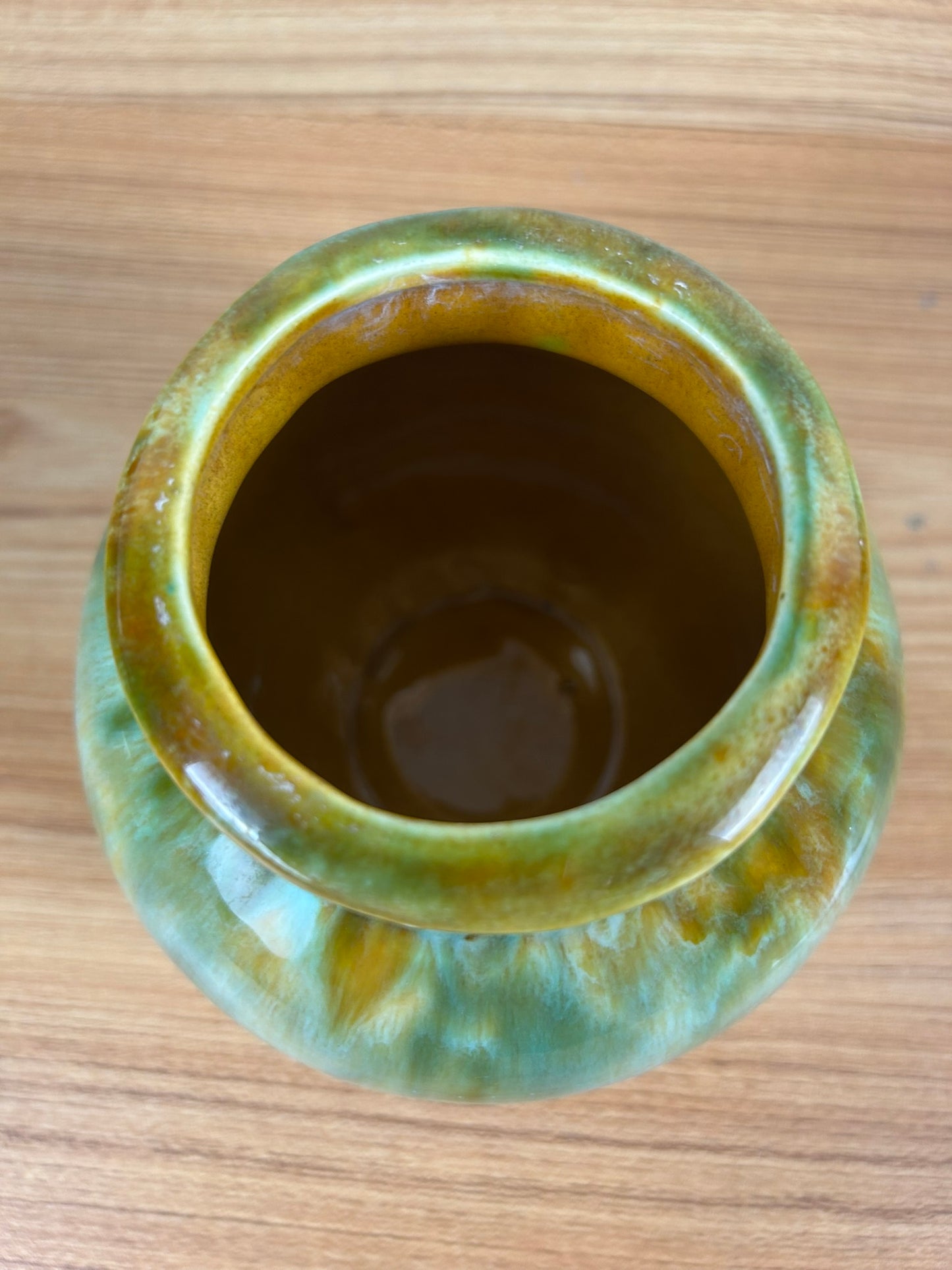 Forry Art Pottery Shape 202 Rich Green Drip Glaze Over Orange Bulbous Vase