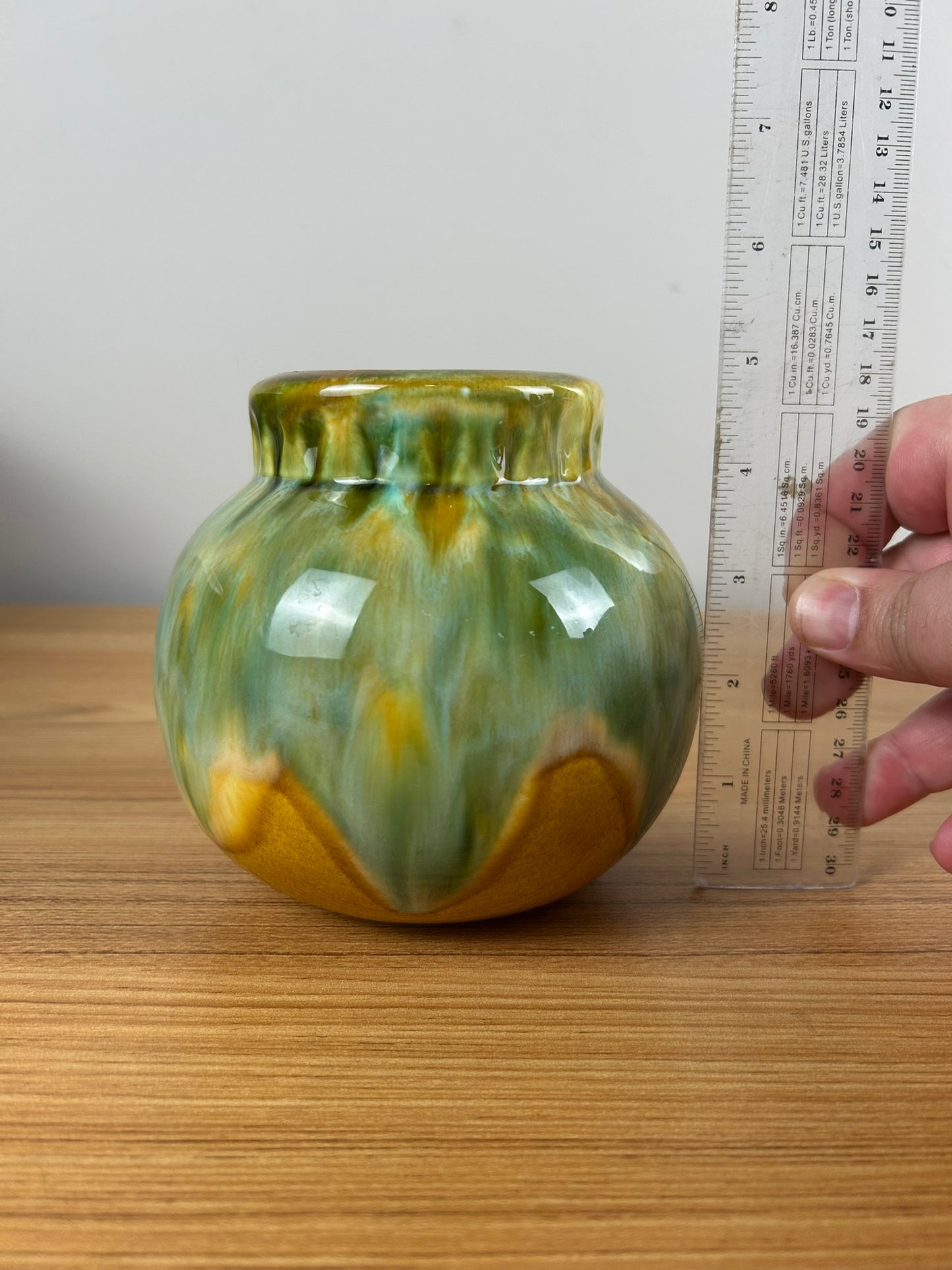 Forry Art Pottery Shape 202 Rich Green Drip Glaze Over Orange Bulbous Vase