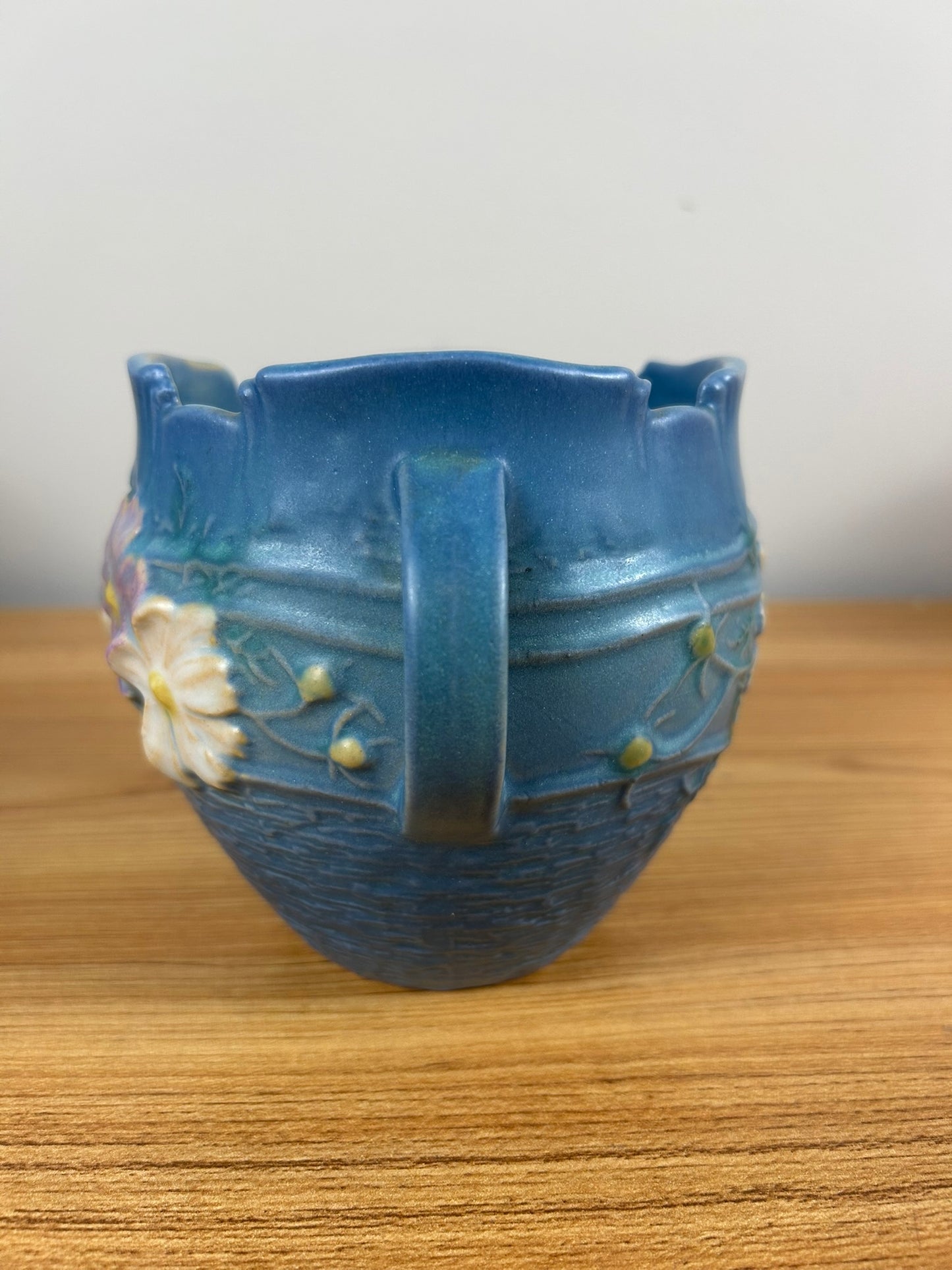 Roseville Cosmos 1939 Vintage Art Pottery Blue Ceramic Handled Vase 649-5