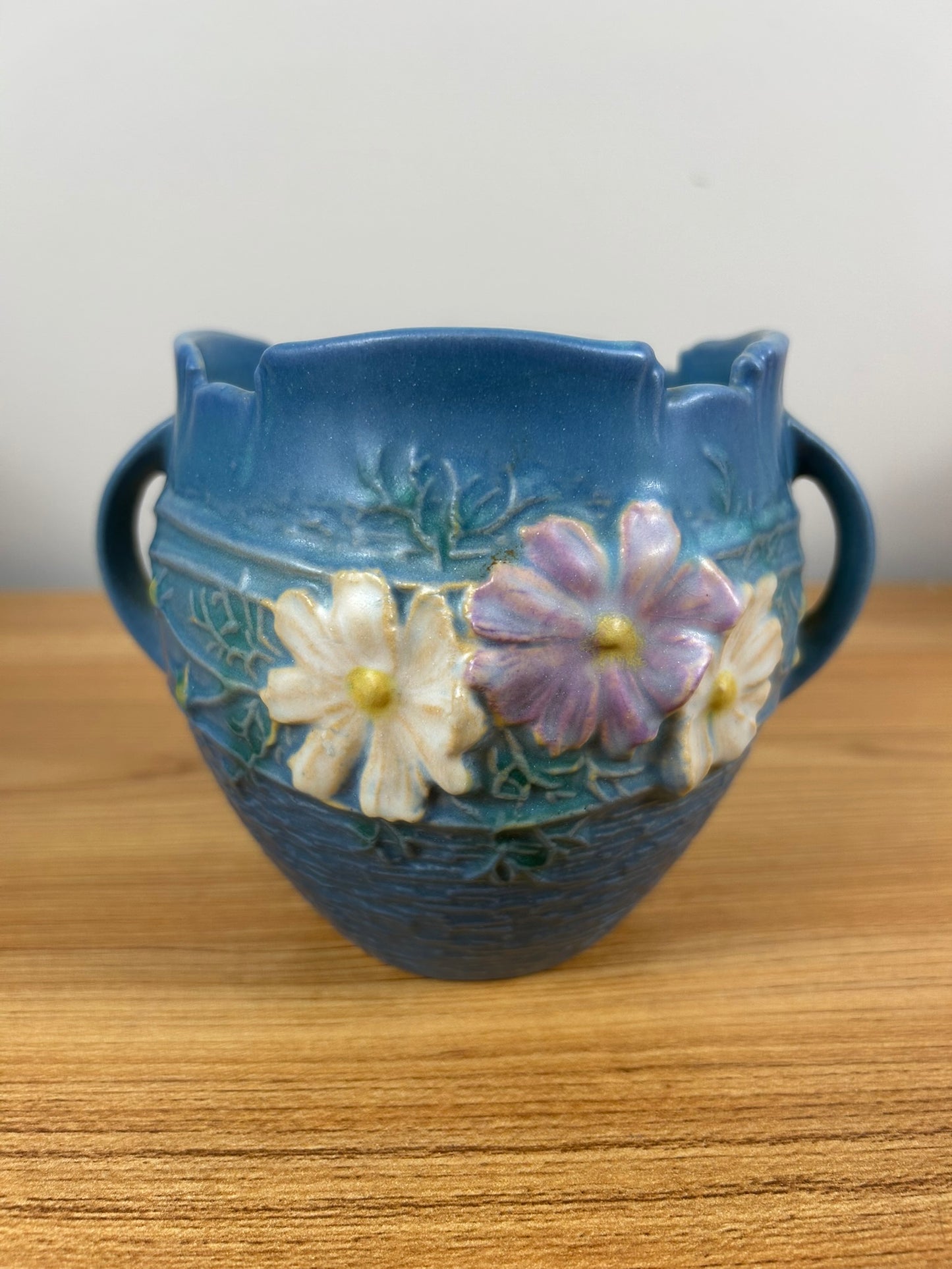 Roseville Cosmos 1939 Vintage Art Pottery Blue Ceramic Handled Vase 649-5