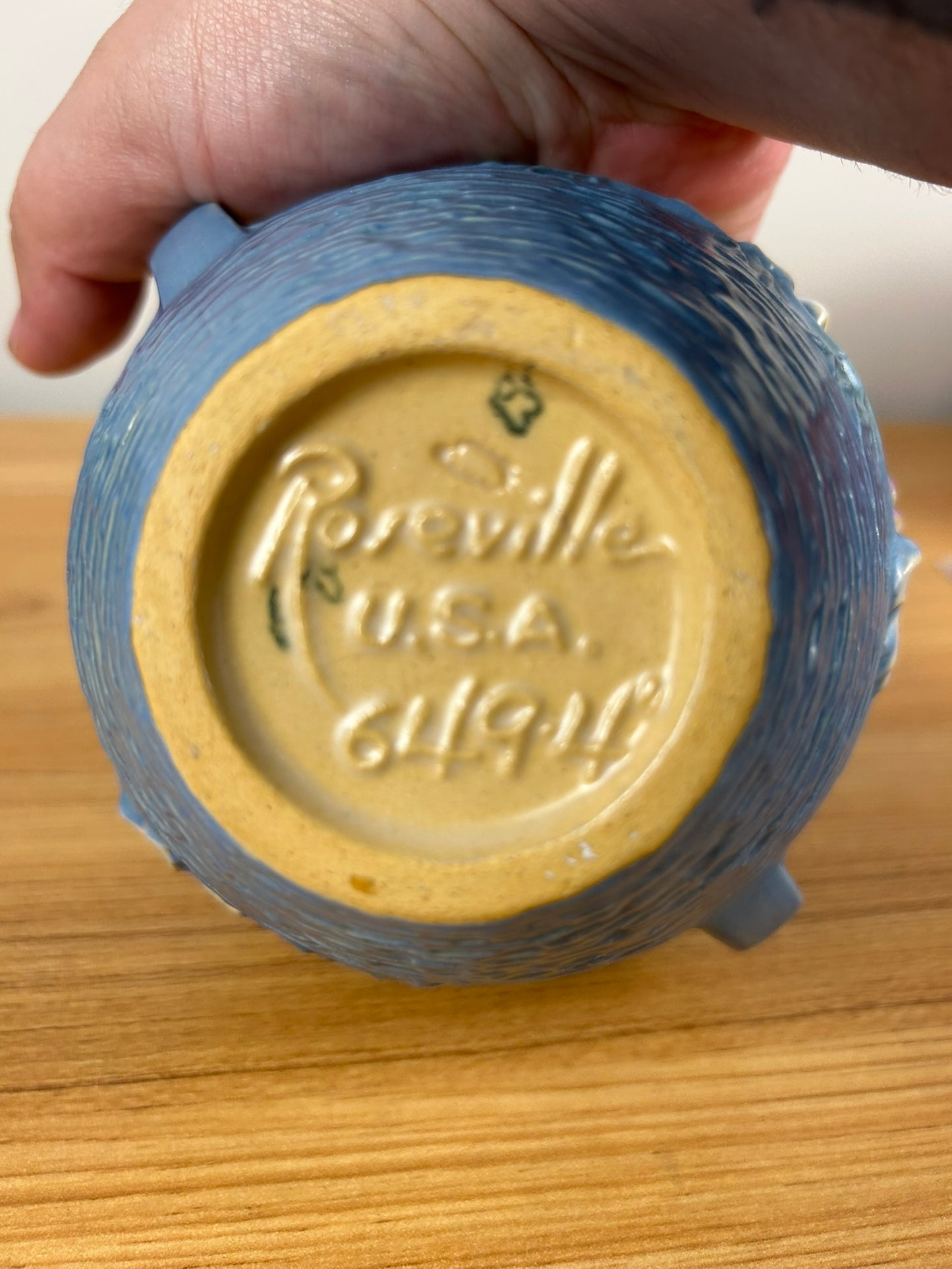 Roseville Cosmos 1939 Vintage Art Pottery Blue Ceramic Handled Vase 649-5