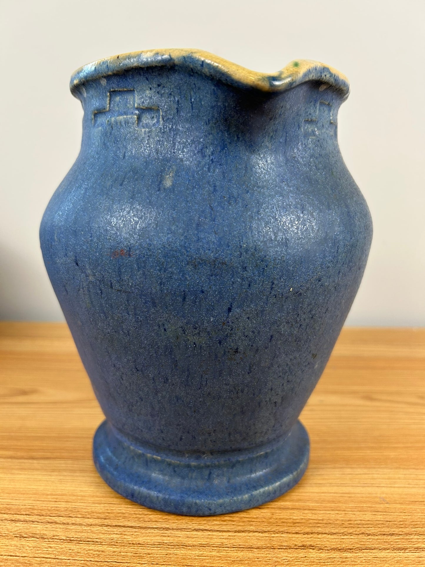 JMU 1920 Signed Student Large Blue Art Pottery Pitcher With Greek Key Rim