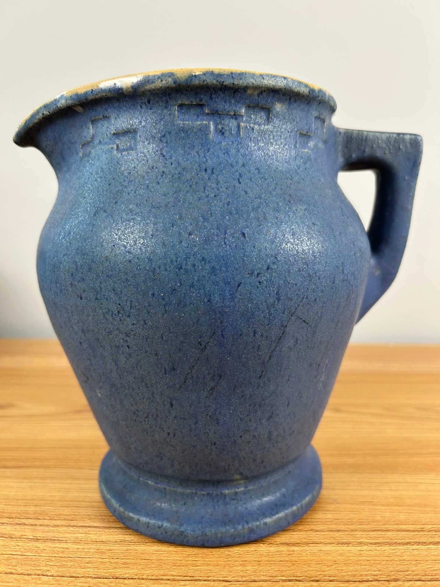 JMU 1920 Signed Student Large Blue Art Pottery Pitcher With Greek Key Rim