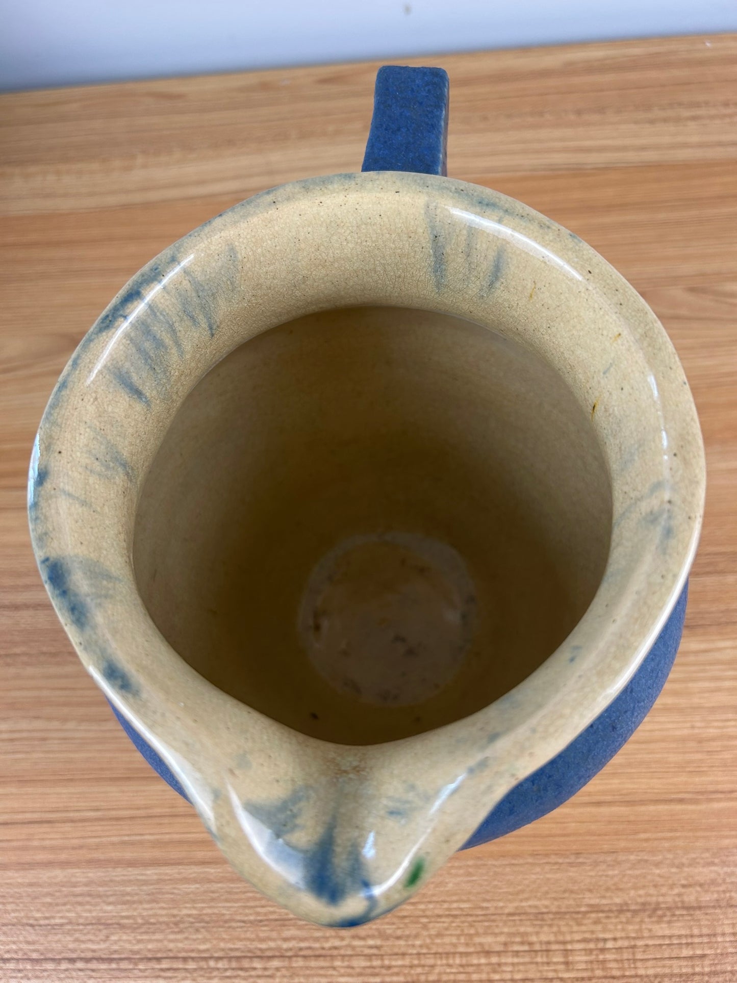 JMU 1920 Signed Student Large Blue Art Pottery Pitcher With Greek Key Rim