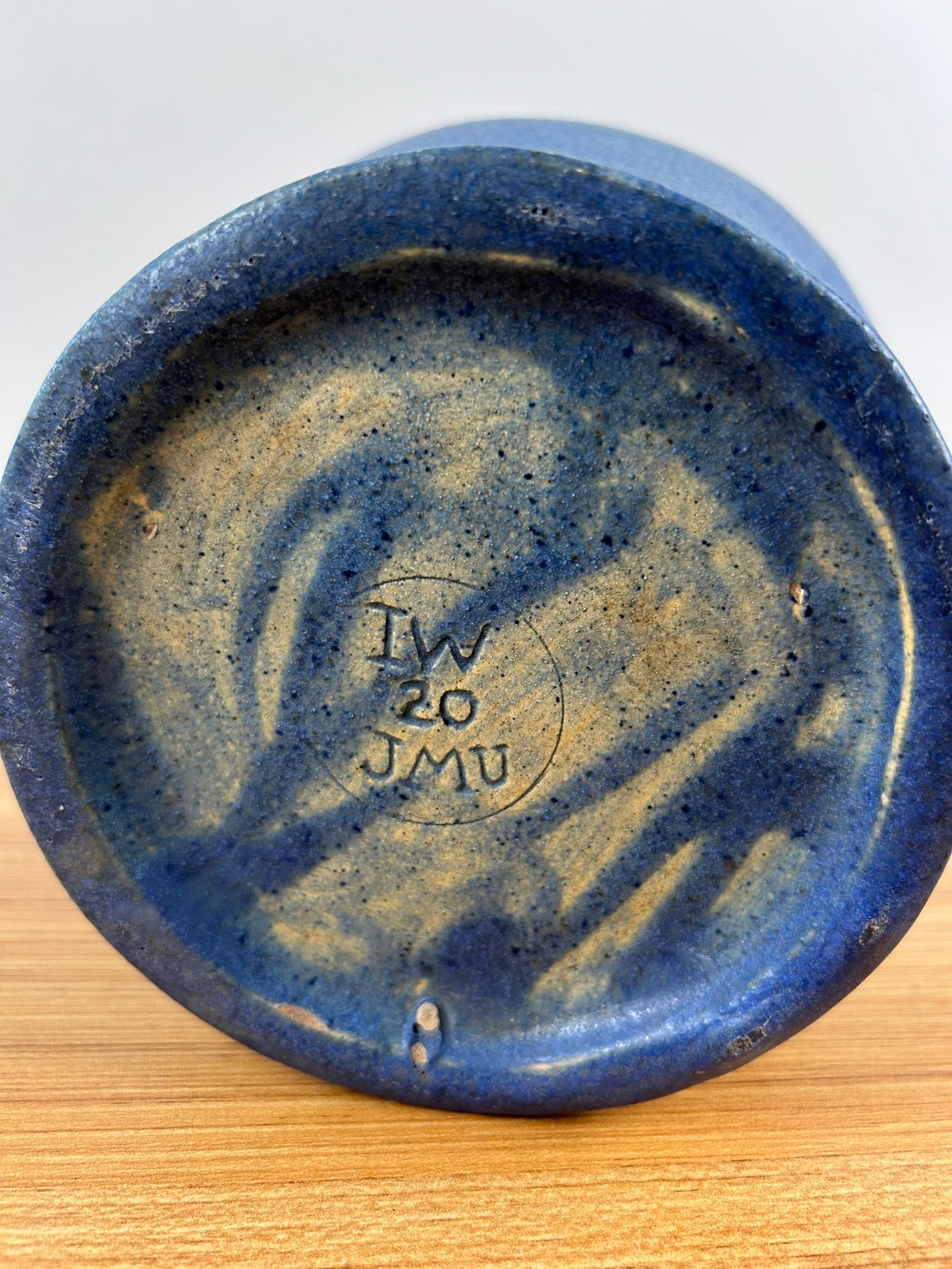 JMU 1920 Signed Student Large Blue Art Pottery Pitcher With Greek Key Rim