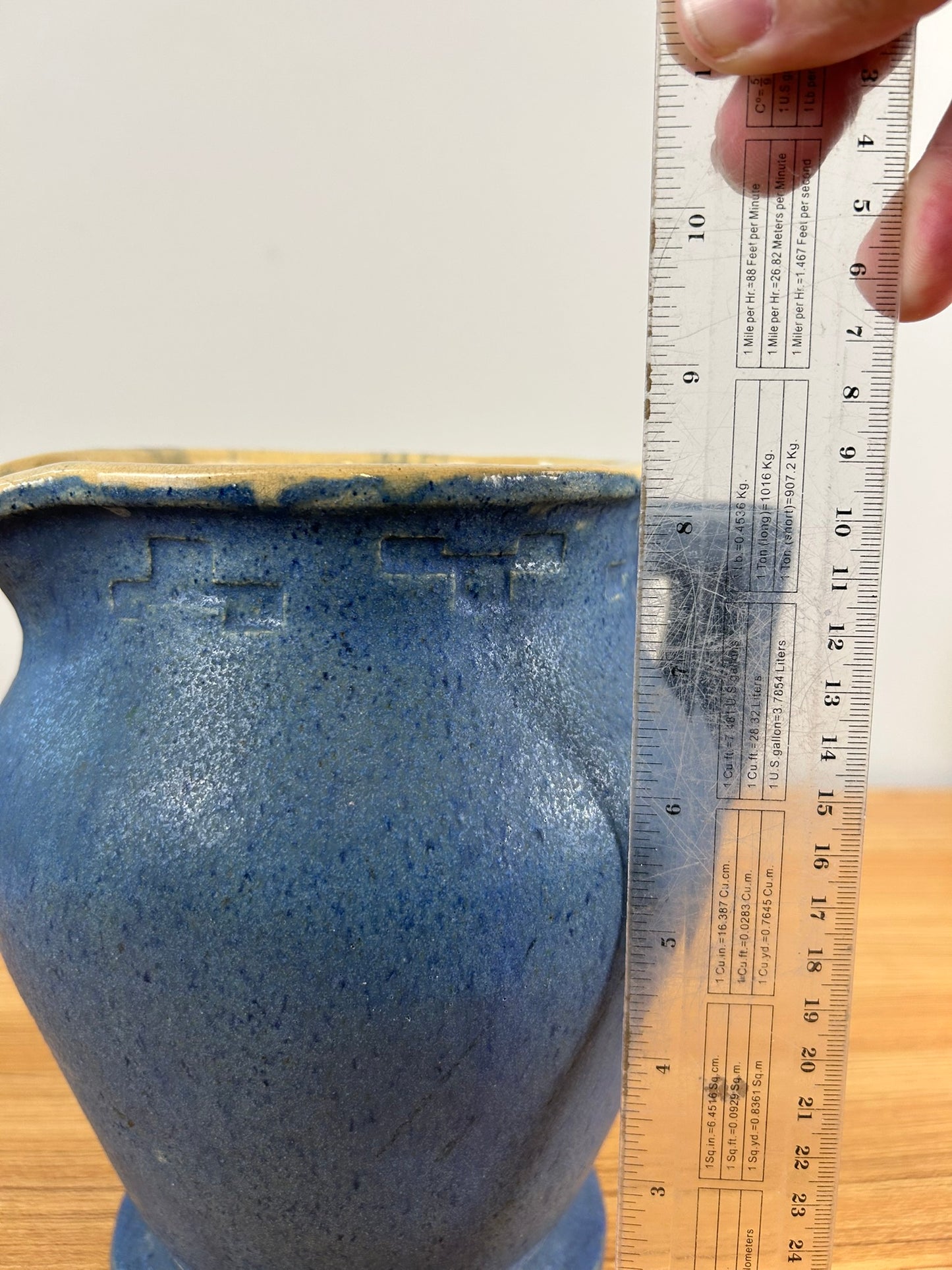 JMU 1920 Signed Student Large Blue Art Pottery Pitcher With Greek Key Rim