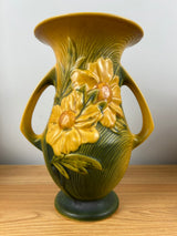 Roseville Yellow Peony 1940s Art Deco Pottery Double Handled Peony Vase 66-10