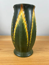 Ephraim Faience 2003 Matte Green Yellow Art Pottery Feathery Leaf Vase