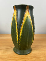 Ephraim Faience 2003 Matte Green Yellow Art Pottery Feathery Leaf Vase