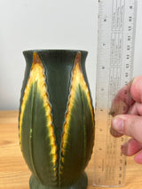 Ephraim Faience 2003 Matte Green Yellow Art Pottery Feathery Leaf Vase