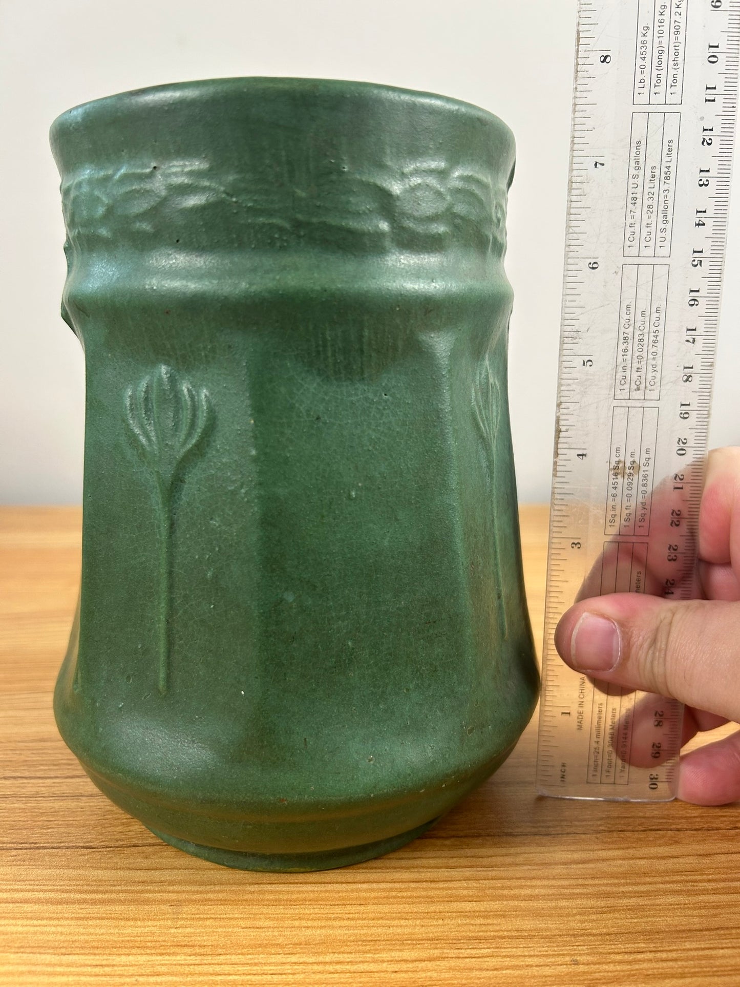 Zanesville Pottery Vintage Arts And Crafts Cucumber Green Vase 11 After Grueby