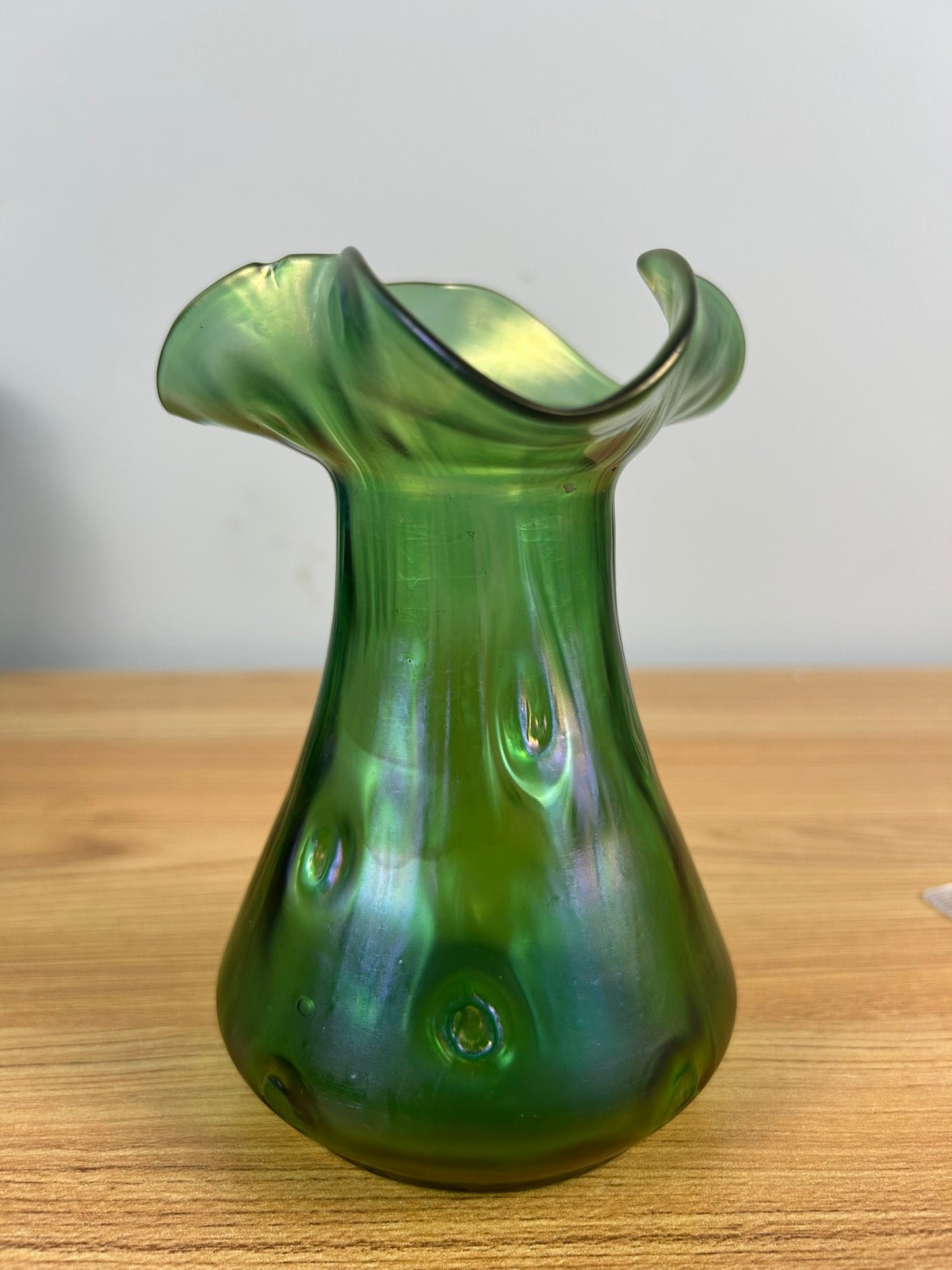 Loetz Art Glass Vase Czech Green Iridescent Crete Rusticana Bohemian Nouveau